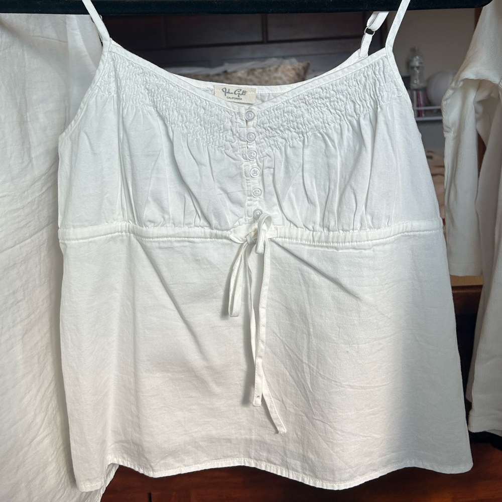 Brandy Melville White Smocked Button-Up Top